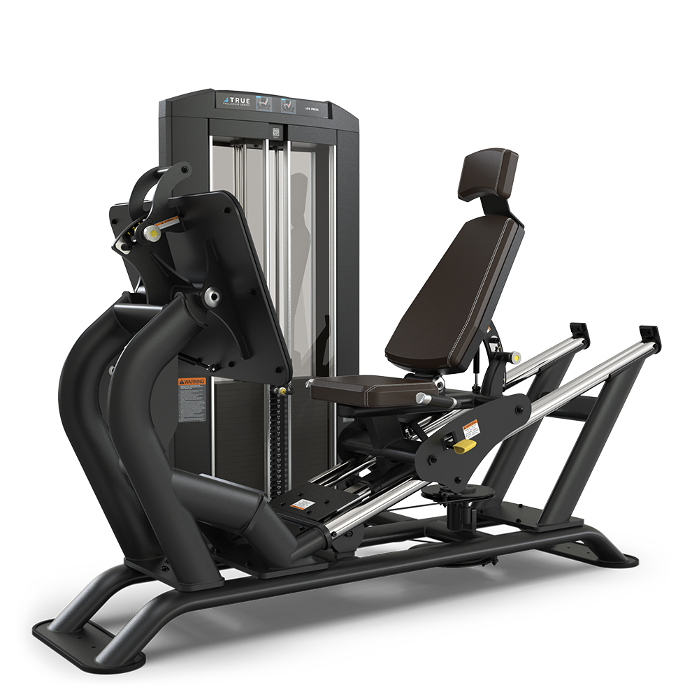 A black leg press machine with an adjustable seat, backrest, and padded foot plate for strength training, featuring a weight stack system and sleek, modern design.