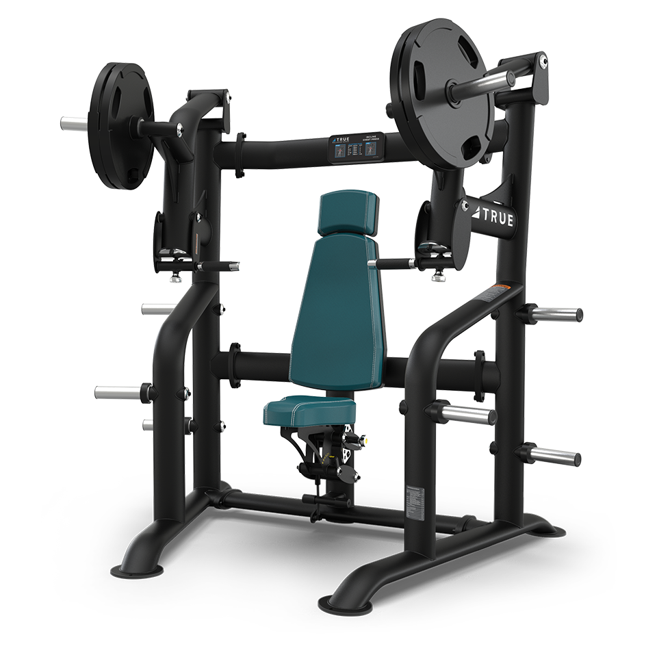 A black and teal seated chest press machine with weight plates attached, designed for strength training, set against a plain white background.