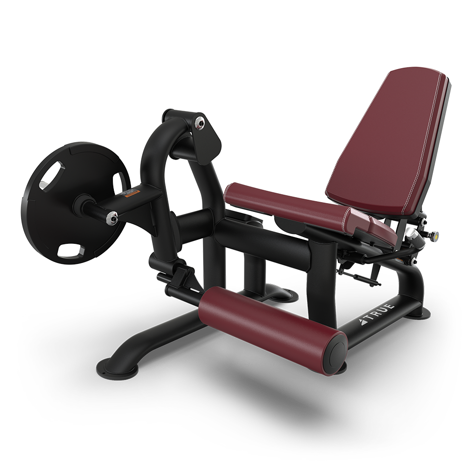 A leg extension and curl machine with a black frame and maroon padded seat and rollers, designed for lower body strength training, displayed against a plain white background.