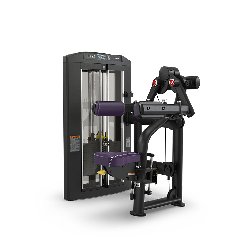 A black and purple seated strength training machine with padded supports and adjustable weight stack, designed for gym use, set against a plain white background.