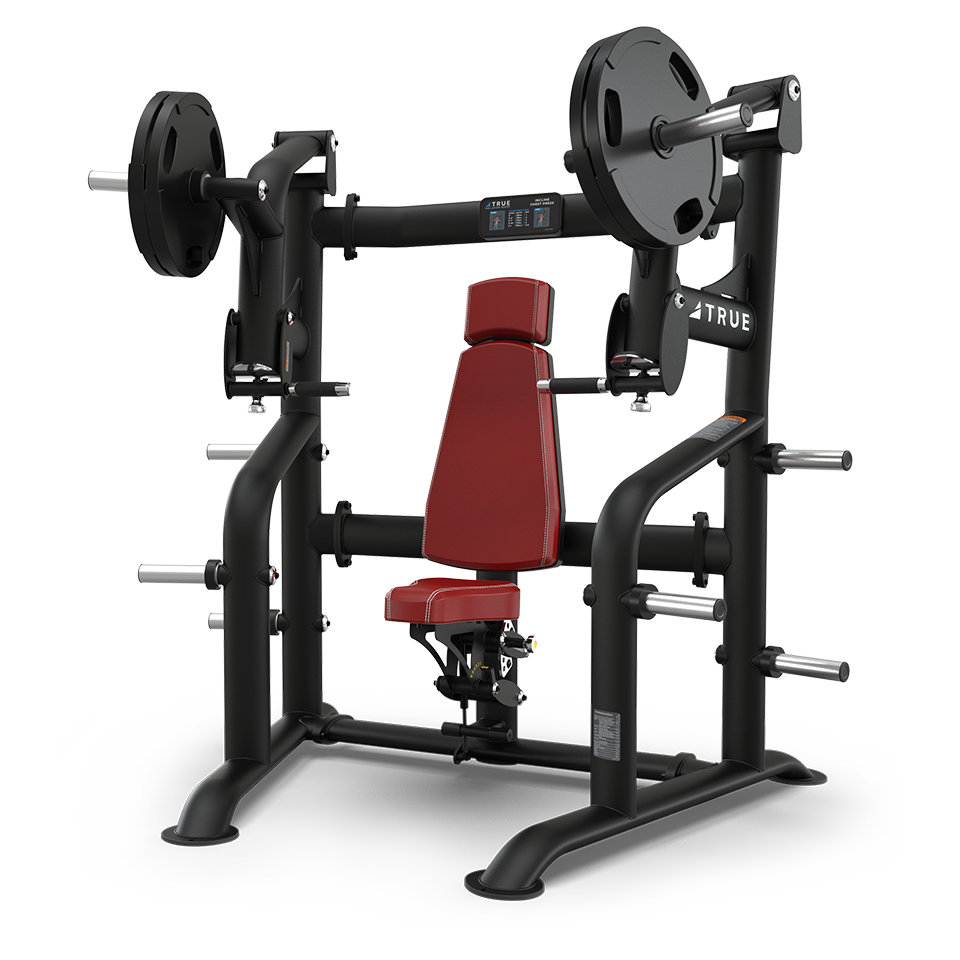 A black and red seated shoulder press gym machine with padded seat and backrest, equipped with weight plates and multiple handles, designed for upper body strength training.