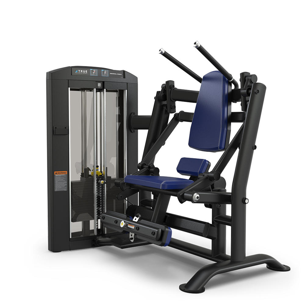 A seated leg press machine with padded blue seat and backrest, black frame, weight stack, and handles, designed for lower body strength training in a gym setting.