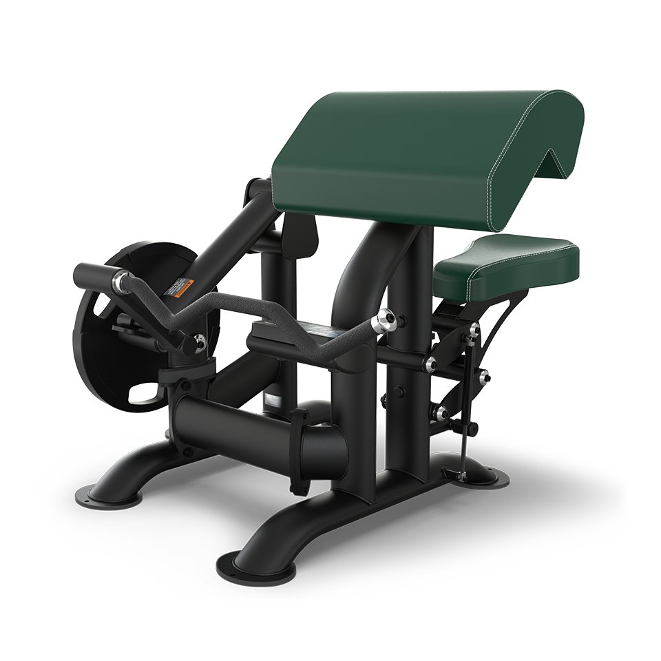 A green and black seated gym machine with padded supports and handlebars, designed for performing bicep curls or arm exercises, is shown on a plain white background.