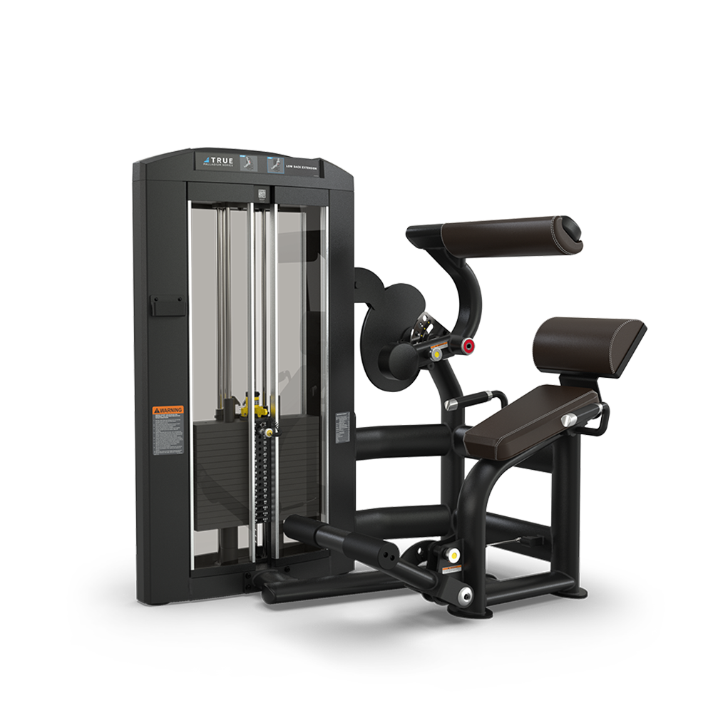 A black and gray commercial gym machine designed for back extension exercises, with padded seats, arm rests, adjustable weight stack, and a sturdy metal frame on a white background.