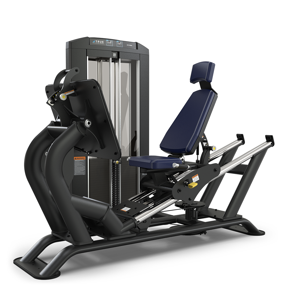 A black and blue seated leg press machine with an adjustable padded seat and backrest, metal footplate, and weight stack for resistance training on a white background.