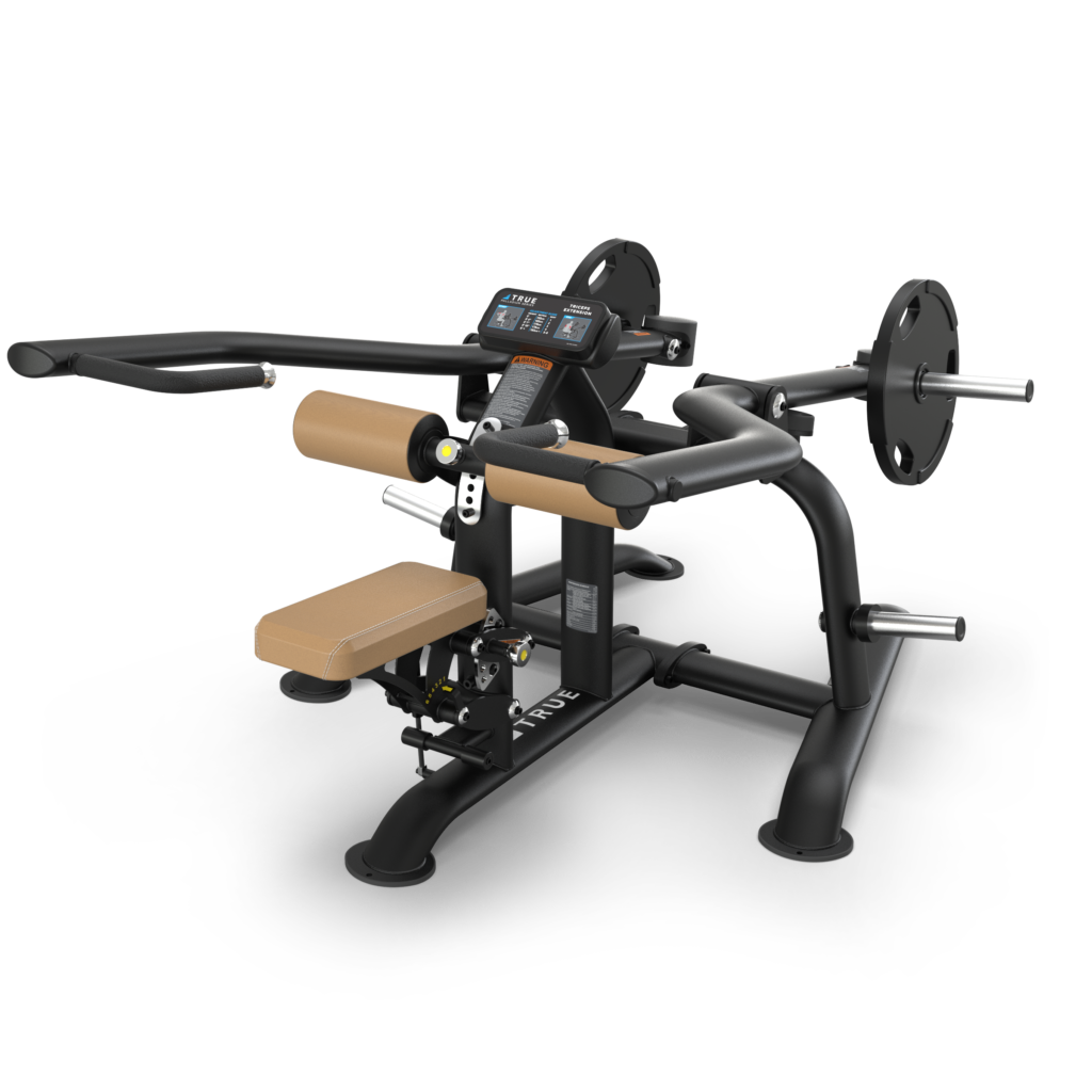 A black and silver seated strength training machine with brown padded seat and leg support, weight plate holders, and digital display, designed for arm and leg exercises.
