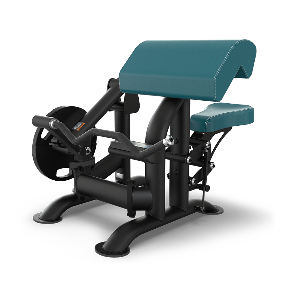 A teal and black seated gym machine with padded support, designed for arm curls or bicep exercises, featuring handlebars, a weight plate holder, and a sturdy metal frame.