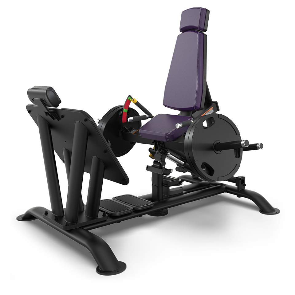 A black and purple leg press machine with a padded seat, backrest, and footplate, designed for lower body strength training against resistance weights.