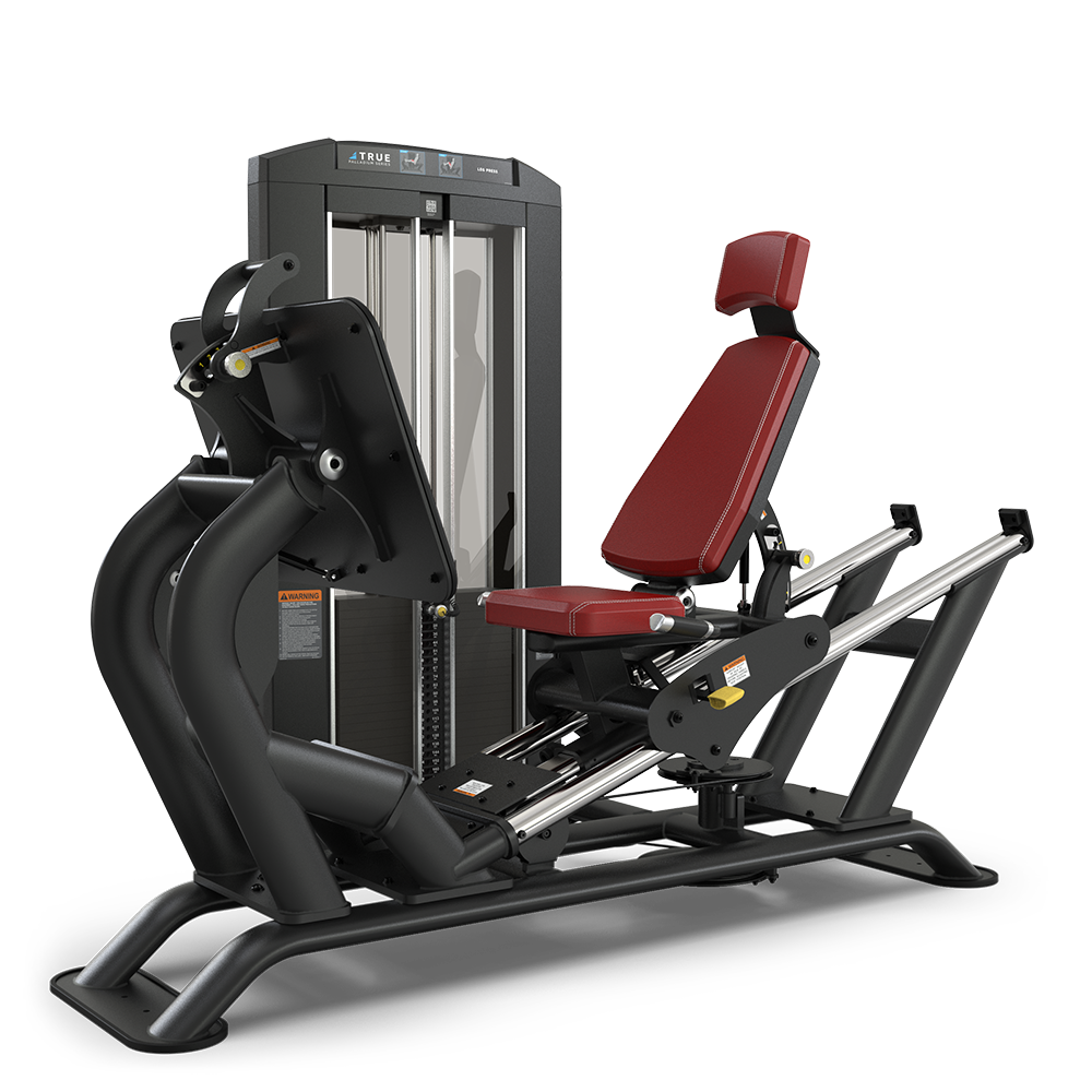 A black and red seated leg press machine with an adjustable backrest and weight stack, designed for strength training in gyms.