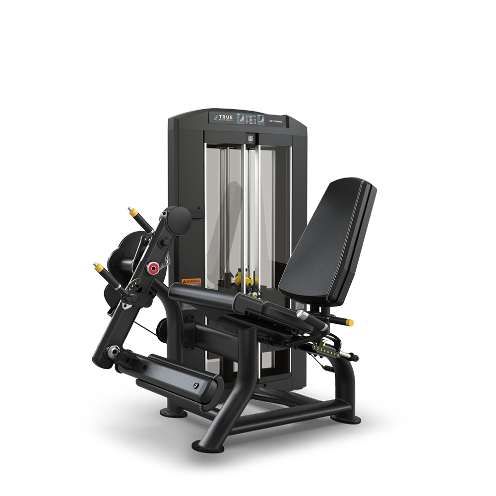 A black and silver gym leg extension machine with a padded seat and adjustable weights, designed for strength training, shown against a plain white background.