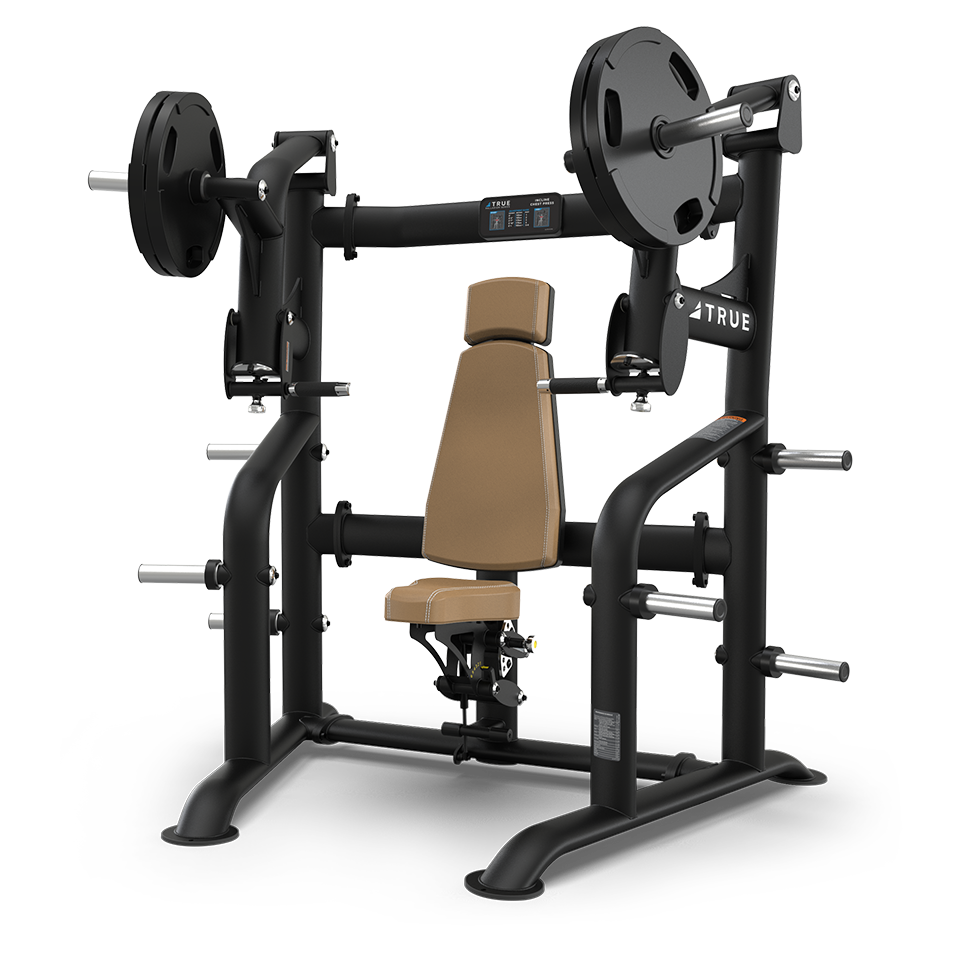 A black and brown seated chest press machine with weight plates loaded on both sides, designed for strength training exercises in a gym setting. The machine has padded seating and multiple handles.