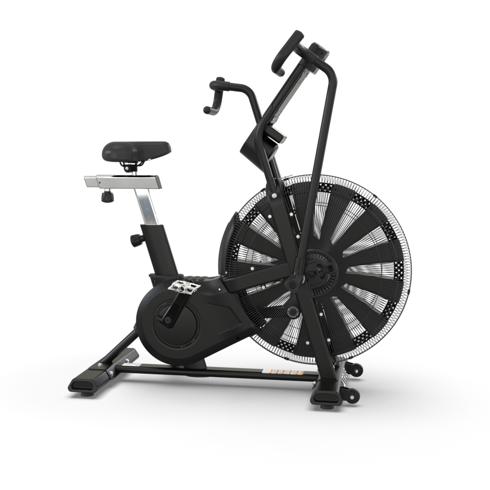A black stationary air bike with a large fan wheel, adjustable seat, and handlebars, designed for indoor exercise, shown on a white background.