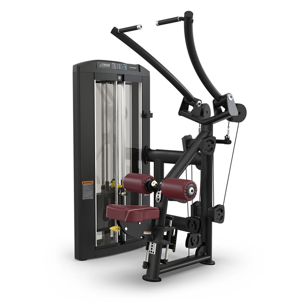 A commercial gym machine with a weight stack, padded seat, and arm levers, designed for strength training exercises like chest presses and shoulder workouts. The frame is black with maroon padding.