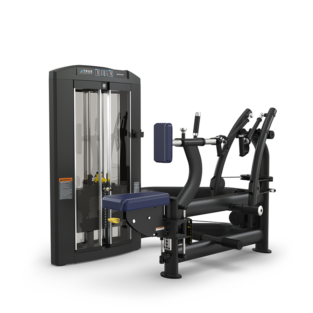 A black seated gym machine with adjustable weights, padded seat, and handles designed for upper body workouts, set against a plain white background.