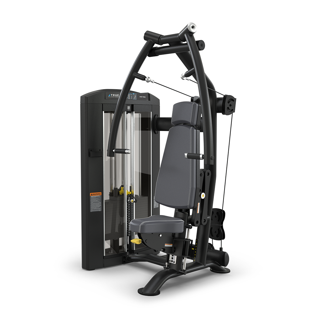 A black, multi-functional gym machine with padded seat and backrest, adjustable weights, and cable pulleys designed for upper body strength exercises, set against a plain white background.