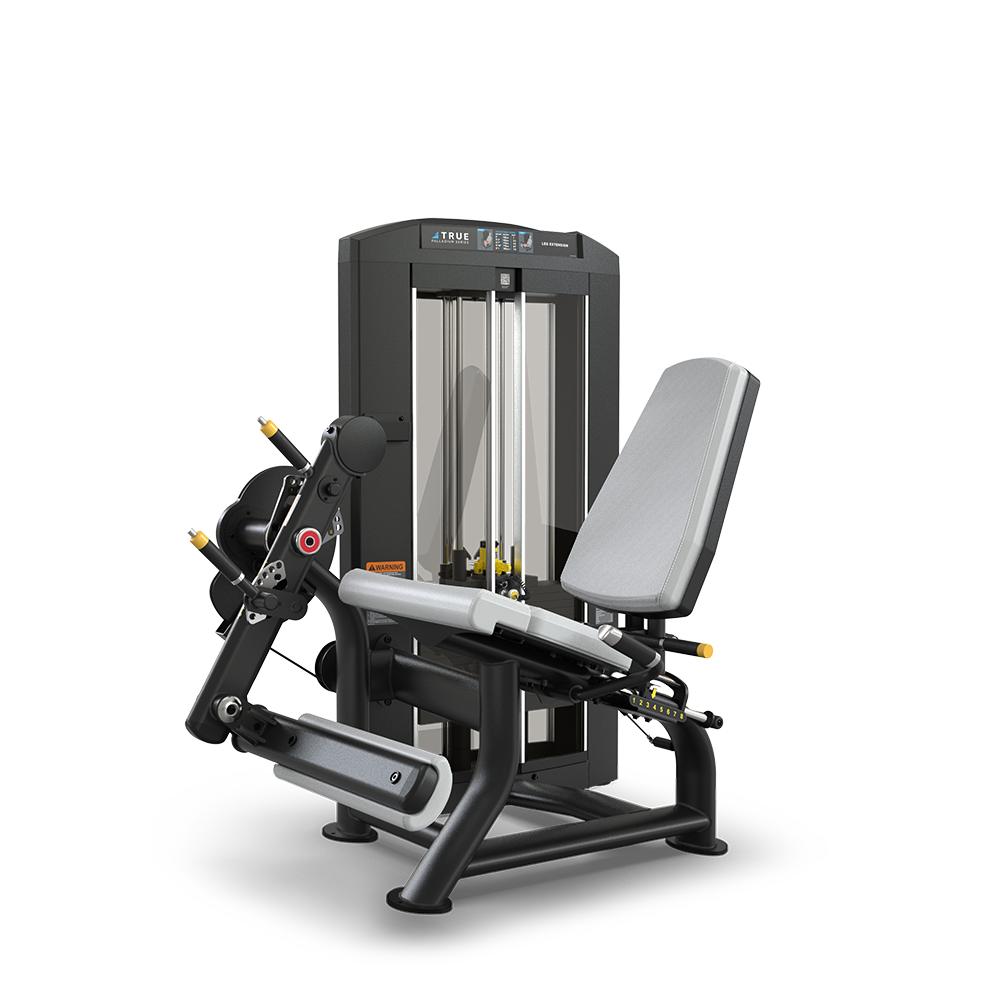 A leg extension and curl machine with a padded seat, backrest, and leg supports, designed for gym use, featuring a weight stack and adjustment levers on a sleek black and gray frame.