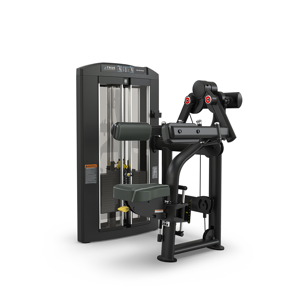 A black, modern gym machine with padded seats and adjustable weights, designed for back extension exercises, shown on a plain white background.
