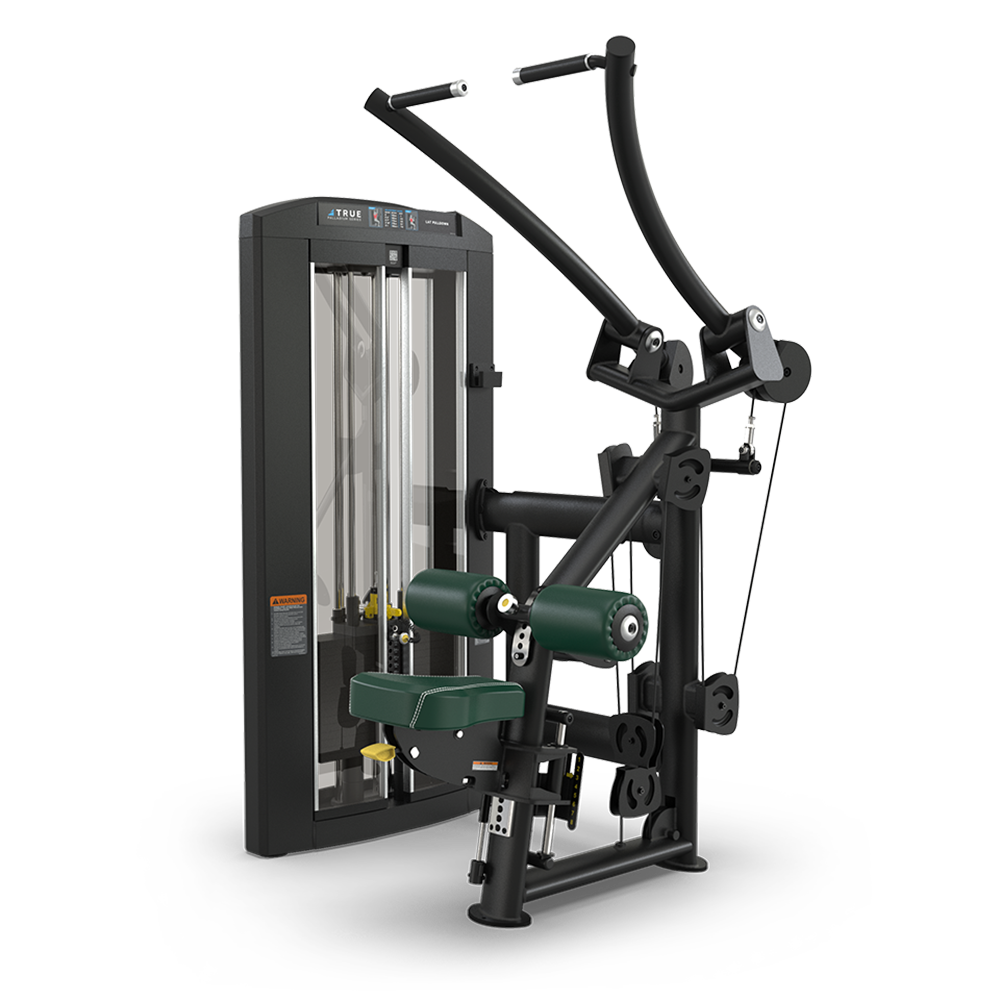 A black and green seated strength training machine with adjustable padded seat and arms, weight stack, and handles designed for upper body exercises against a plain white background.