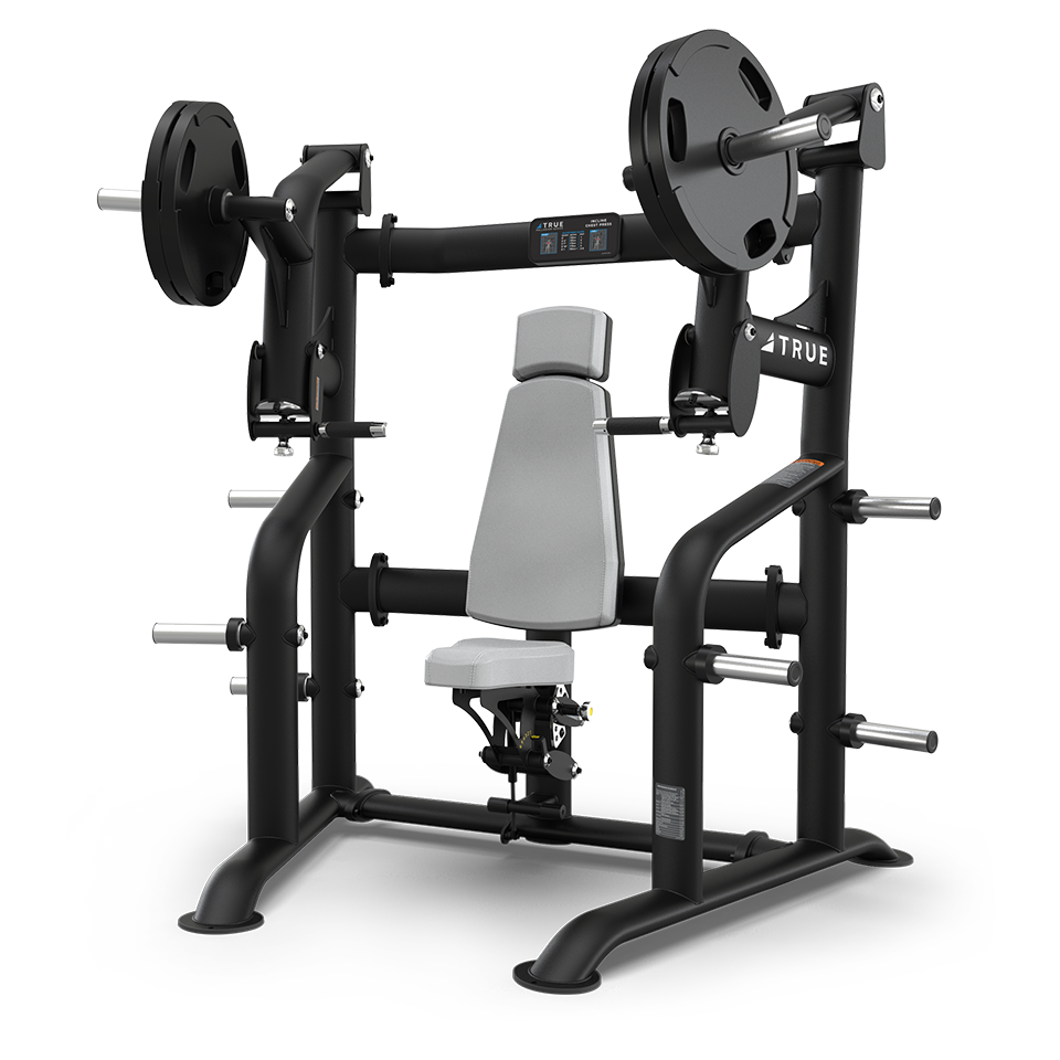 A black and gray weight machine with a padded seat and backrest, two large weight plates on either side, and multiple handles; designed for chest or shoulder presses in a gym setting.
