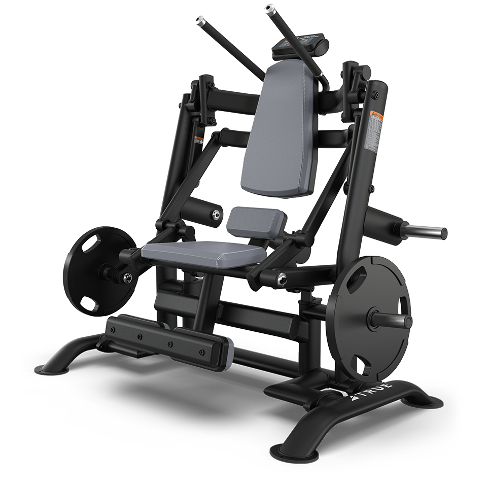 A black and gray leg press machine with a padded seat, backrest, and footplate, featuring weight plates on both sides and sturdy handles for support.
