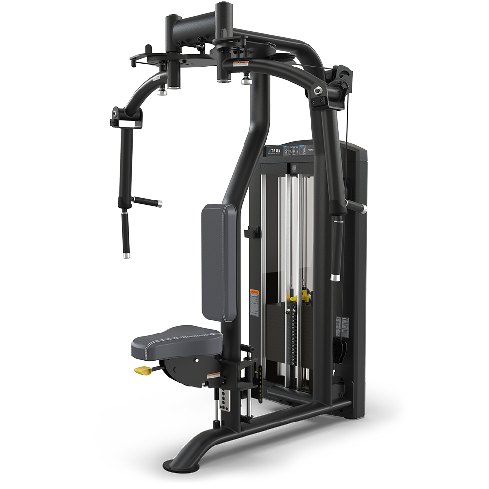 A black and gray gym machine with a padded seat and backrest, two vertical handles, weight stack, and adjustment levers, designed for upper body workouts like chest fly and chest press exercises.