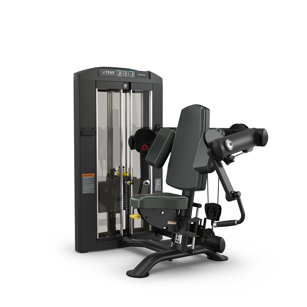 A black and gray seated strength training machine with padded seat, backrest, and arm pads, designed for biceps curls; features a weight stack and adjustment knobs.