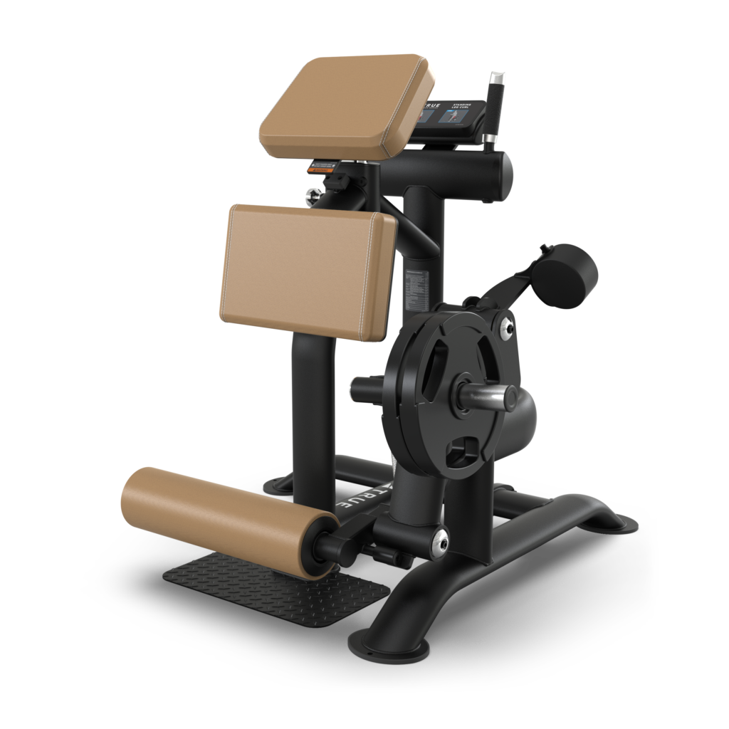 A black and tan seated leg curl and extension gym machine with cushioned pads for support, a weight plate, and a foot roller on a sturdy metal frame.