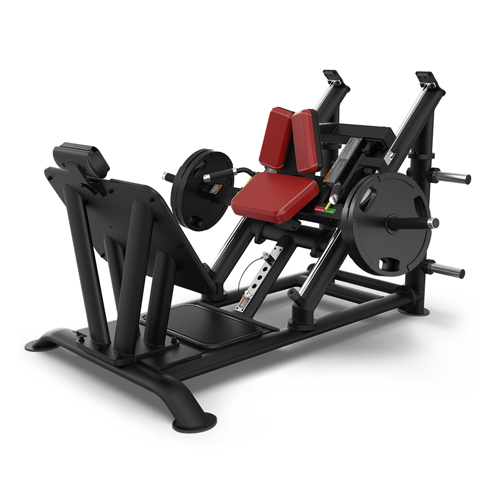 A black and red leg press machine with weights loaded on both sides, angled seat and backrest, designed for lower body strength training, shown on a white background.