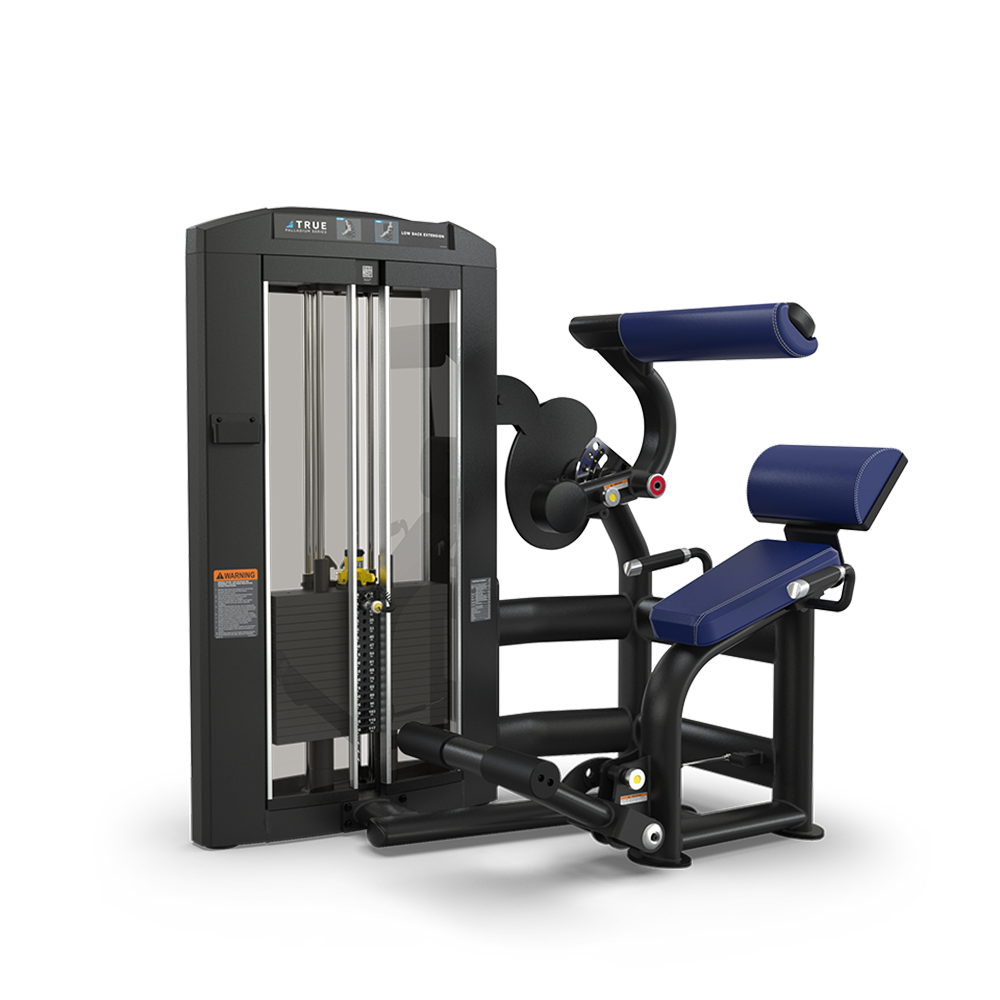 A black and blue seated gym machine with padded supports, weight stack, and adjustment pins, designed for back extension exercises, set against a plain white background.