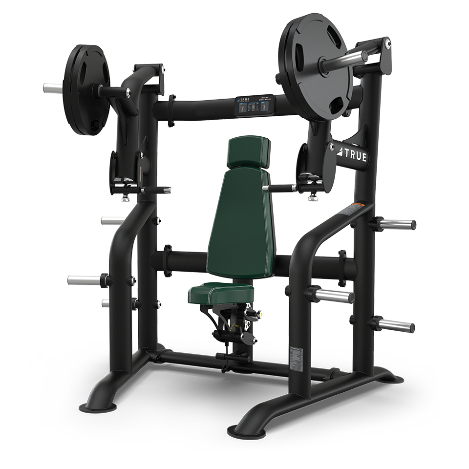 Black and green seated chest press machine with weight plates loaded on both sides, designed for strength training, against a plain white background.