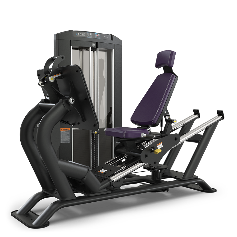 A black and purple leg press machine with an adjustable padded seat, backrest, and footplate, designed for lower body strength training in a gym setting.