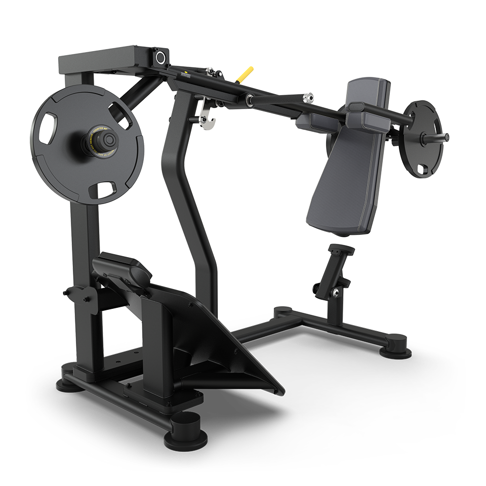 A black, angled plate-loaded gym machine for chest press exercises, with padded back and seat supports and weight plates mounted on both arms.