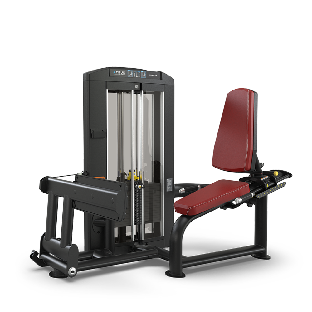 A seated leg extension machine with a black metal frame, weight stack, and red cushioned seat and backrest, designed for strength training exercises.