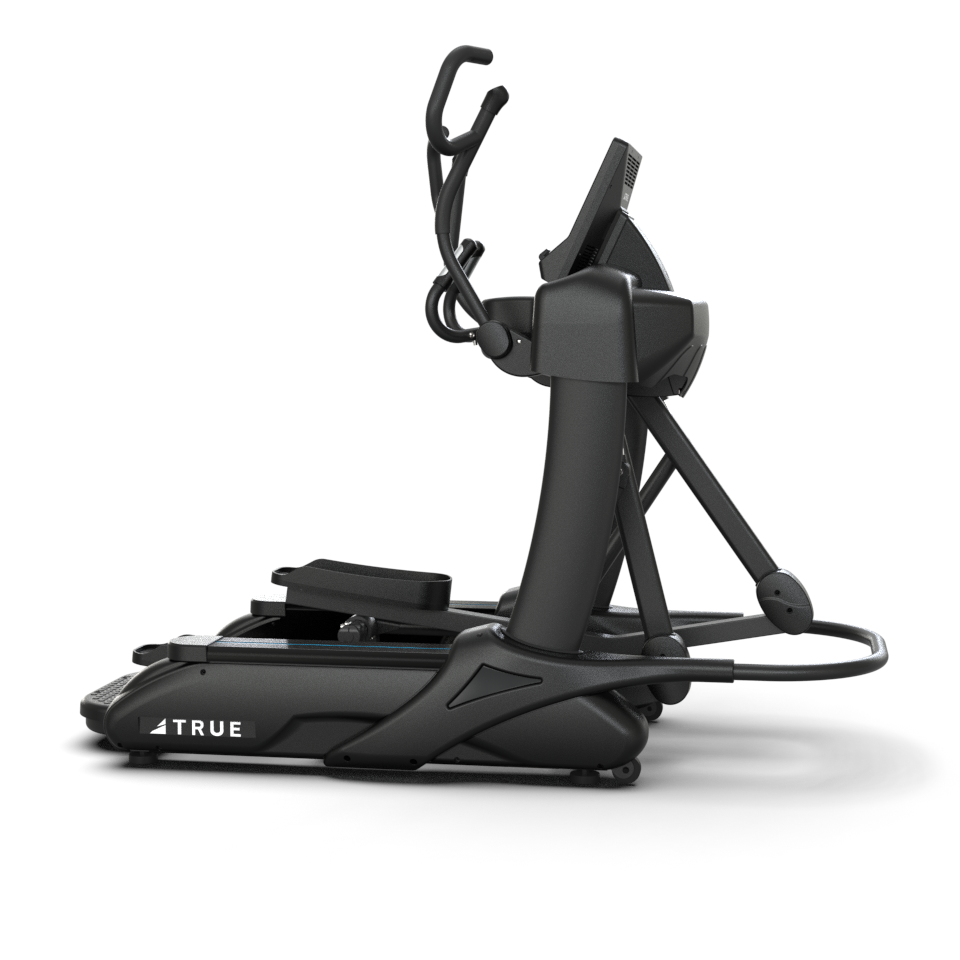 A black elliptical exercise machine with a digital display screen and handlebars, designed for indoor cardiovascular workouts. The brand TRUE is visible on the lower side of the machine. The background is plain white.