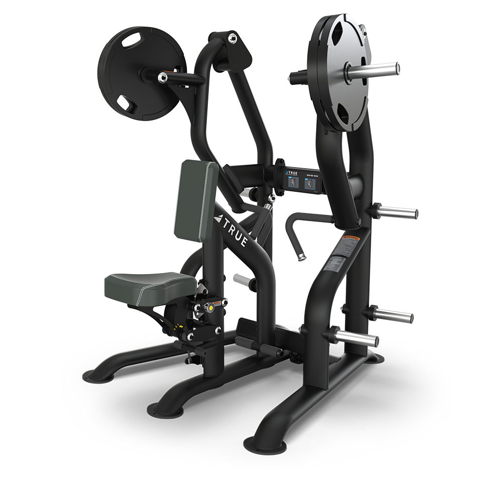 A black, seated plate-loaded strength training machine with padded seat and backrest, angled handles, weight plates on both arms, and multiple storage pegs, designed for upper body exercises.