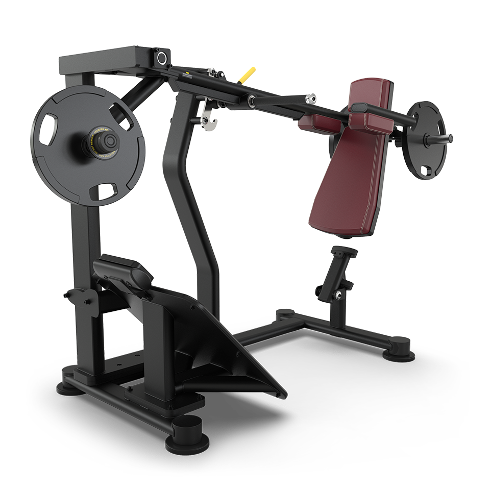 A black and red plate-loaded incline chest press machine with padded seat and backrest, angled handles, and weight plates attached to both sides.