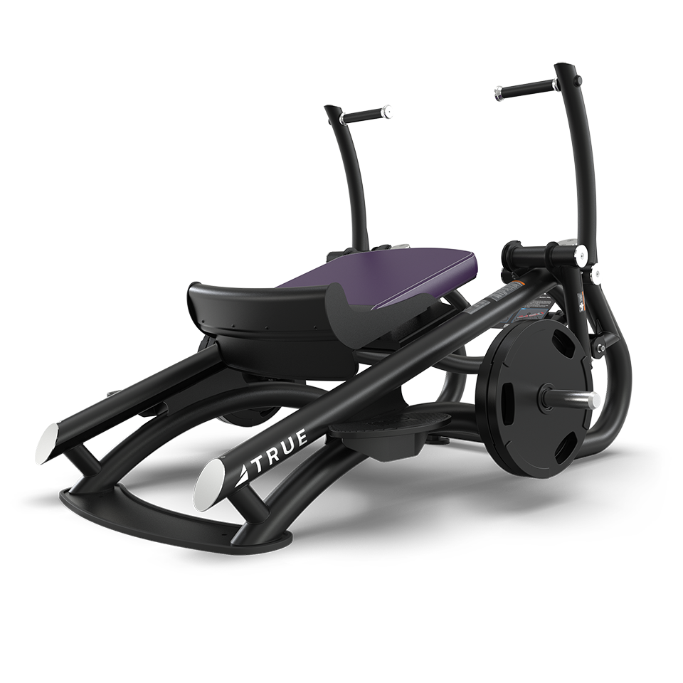 A black and purple leg press exercise machine with weight plates attached, labeled TRUE, on a white background. The machine features curved foot platforms and handles for support.