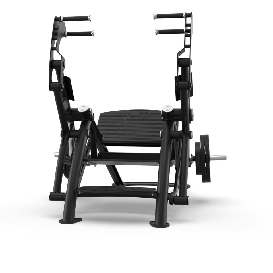 Front view of a black gym leg press machine with two handles on each side and a large footplate, designed for strength training and weightlifting. The machine is loaded with a weight plate on one side.