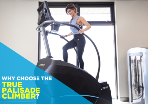 Why Choose The TRUE Palisade | Commercial Fitness Equipment | 66体育 - TRUE Fitness让运动更简单_官方网站 66体育 66体育 A woman exercises on a TRUE Palisade Climber machine in a bright gym. Text on the image reads, Why choose the TRUE Palisade Climber? in white and yellow letters on a blue background.