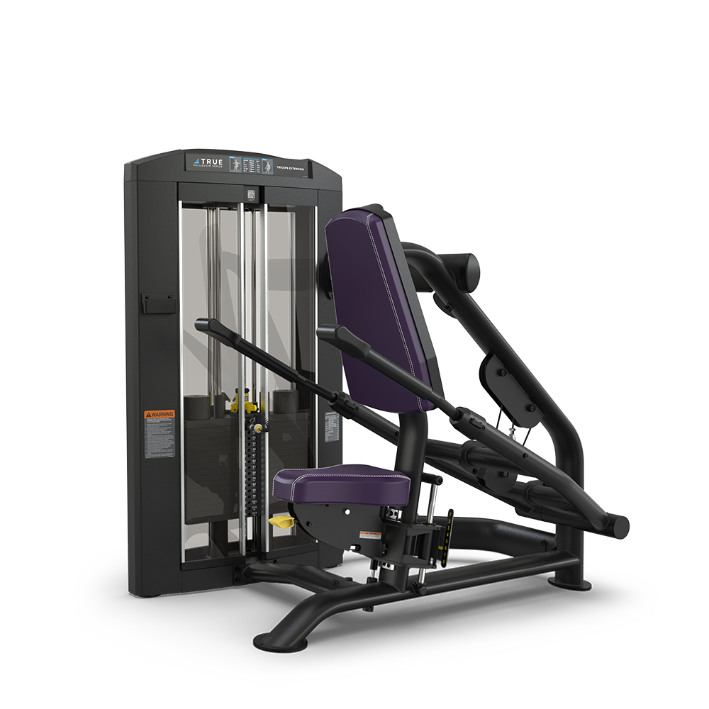 A seated chest press gym machine with a black frame, a padded purple seat and backrest, and weight stack for adjustable resistance, designed for upper body workouts.
