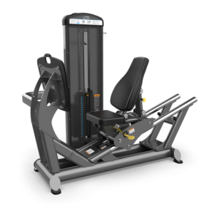 A black and gray seated leg press machine with padded backrest and adjustable weights, designed for gym or fitness center use, shown on a white background.