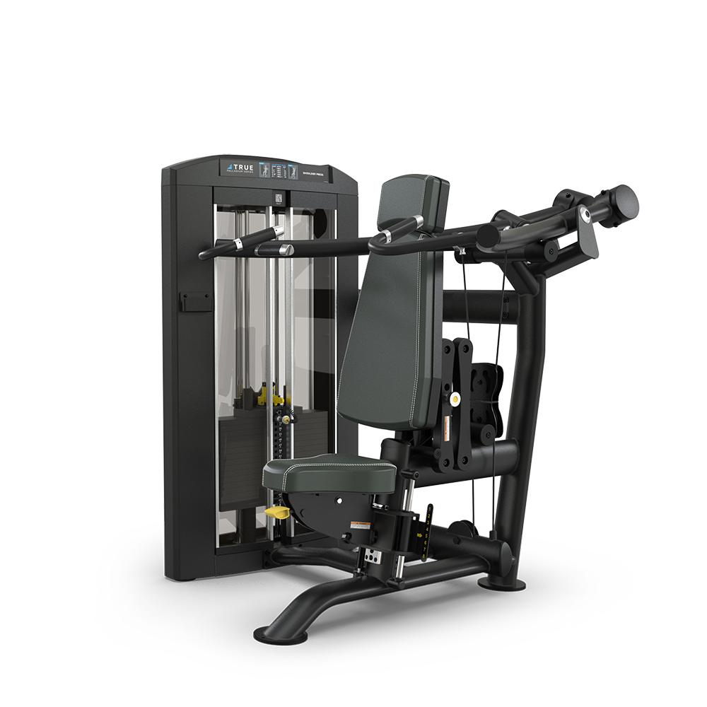 A black and gray gym chest press machine with padded seat and backrest, adjustable arm handles, weight stack, and clear panel displaying weight plates, set against a plain white background.