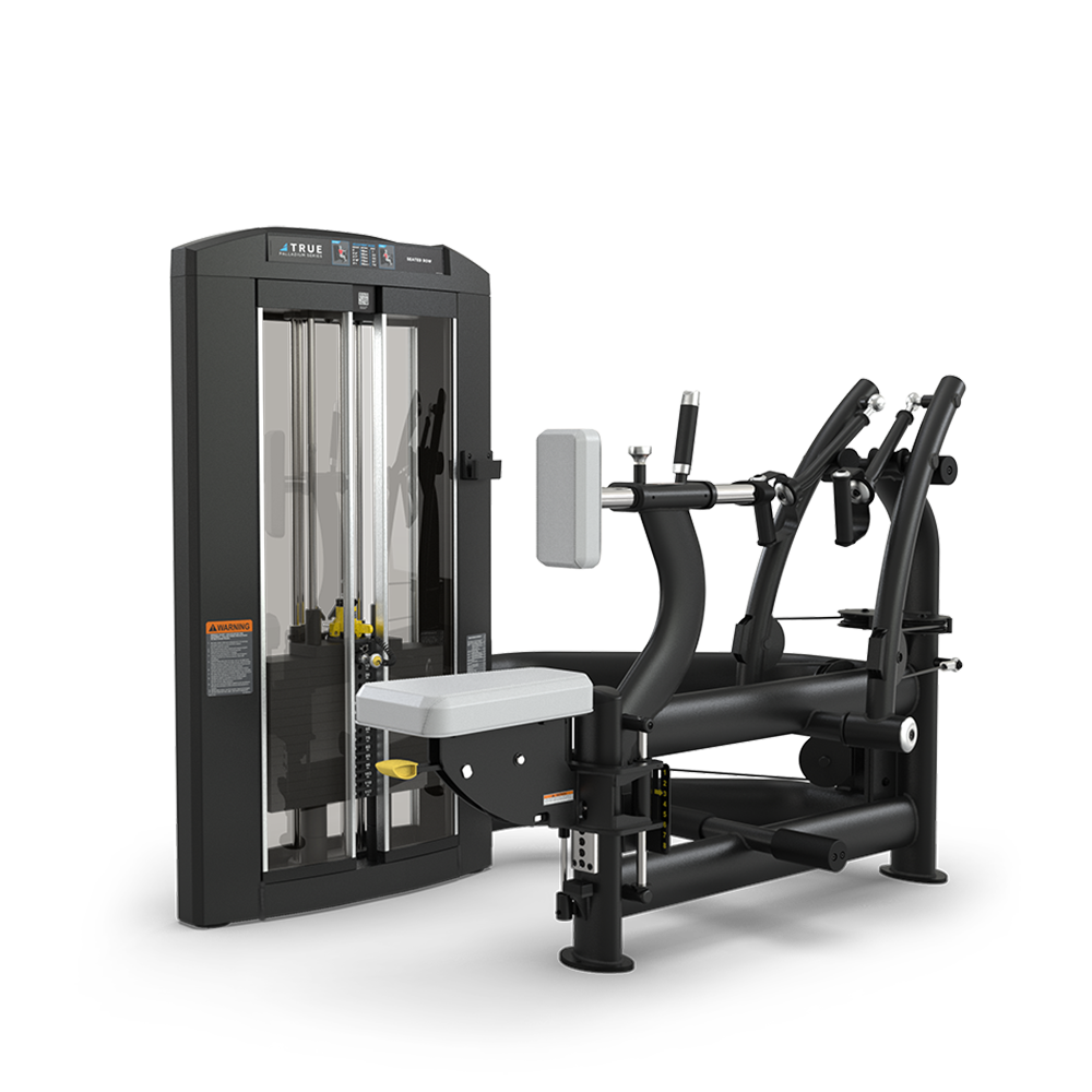 A black and silver commercial strength training machine with adjustable weights, padded seat, and multiple handles, designed for upper body exercises, set against a plain white background.