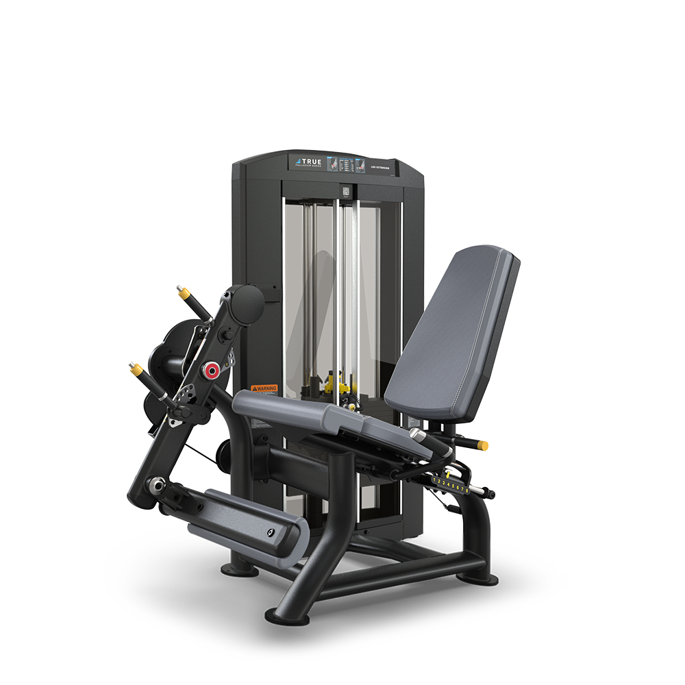 A black and gray seated leg extension machine for strength training, featuring an adjustable padded seat, weight stack, and padded rollers for supporting legs during exercise, set against a plain white background.