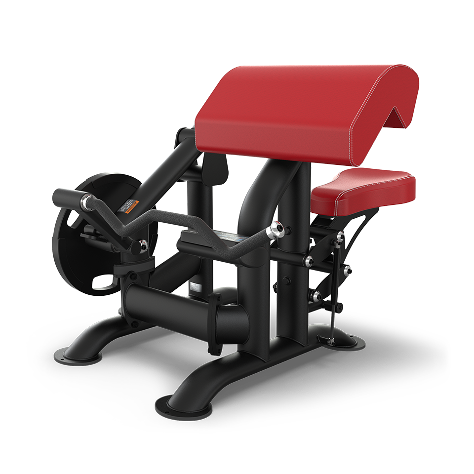 A black and red seated gym machine with padded armrest and seat, designed for preacher curls or bicep exercises, featuring a weight plate holder and handles for lifting.