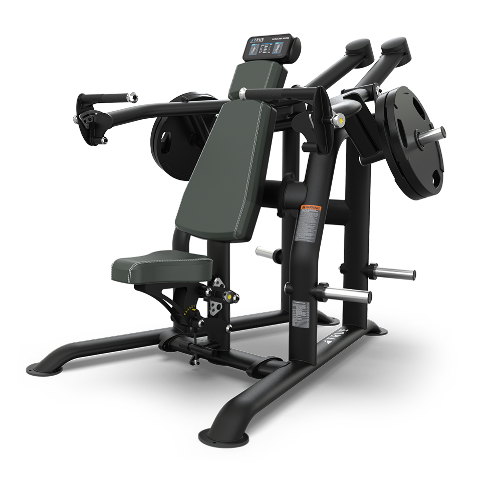 A black and green seated chest press machine with weight plates, padded seat, backrest, and handles, designed for upper body strength training in a gym setting.