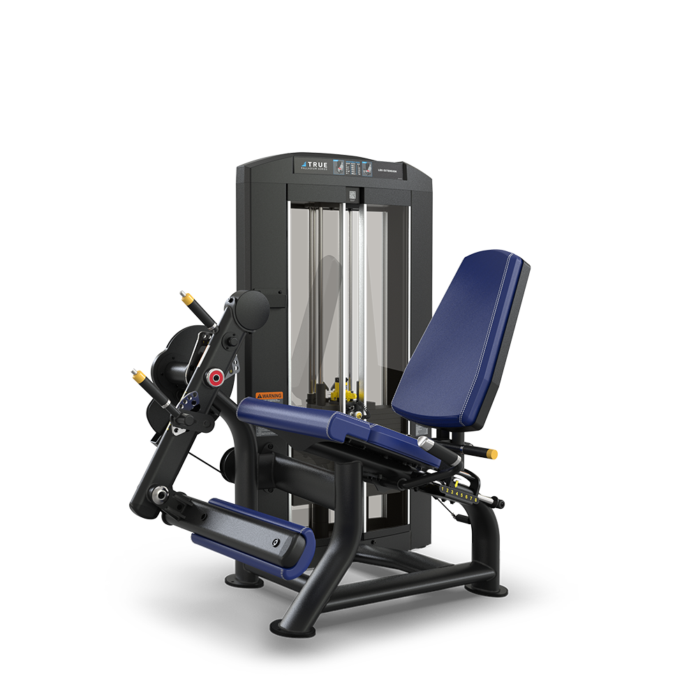 A leg extension and curl machine with a padded blue seat, adjustable levers, and a weight stack enclosed in a black frame, designed for strength training exercises.