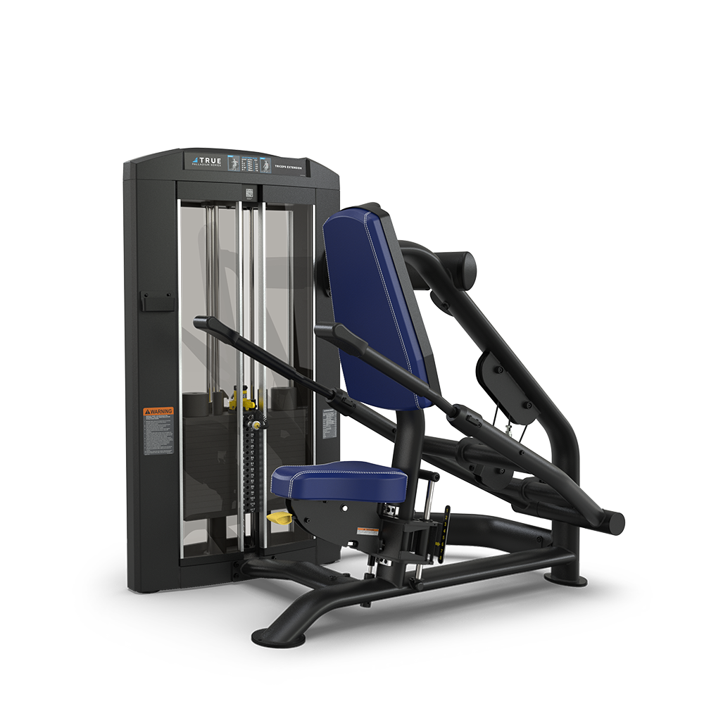 A black and blue seated exercise machine with padded seat, backrest, and adjustable weights, designed for strength training, set against a plain white background.