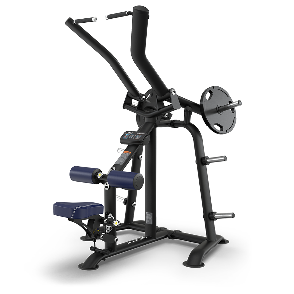 A black, seated gym machine with padded blue seat and leg support, loaded with a weight plate on one side. Designed for upper body workouts, featuring multiple handles and sturdy frame on a white background.