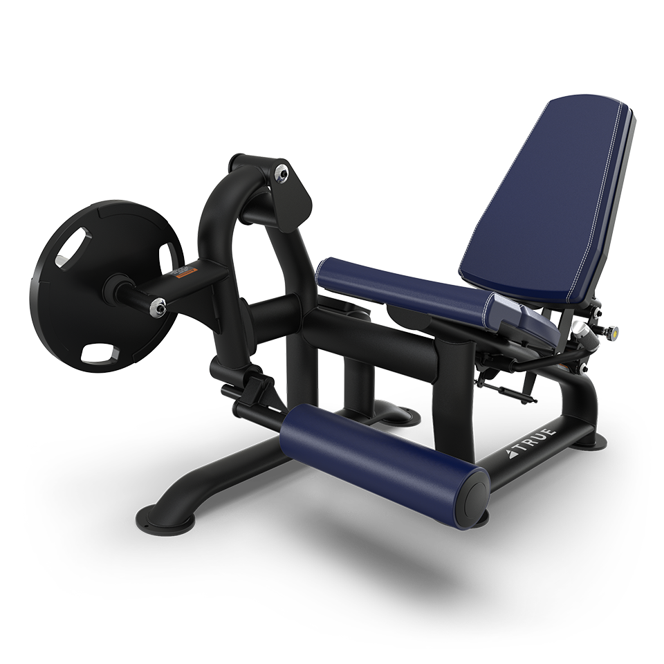 A leg extension machine with a padded seat and leg supports, black frame, and navy blue cushions, designed for strength training exercises targeting the quadriceps.